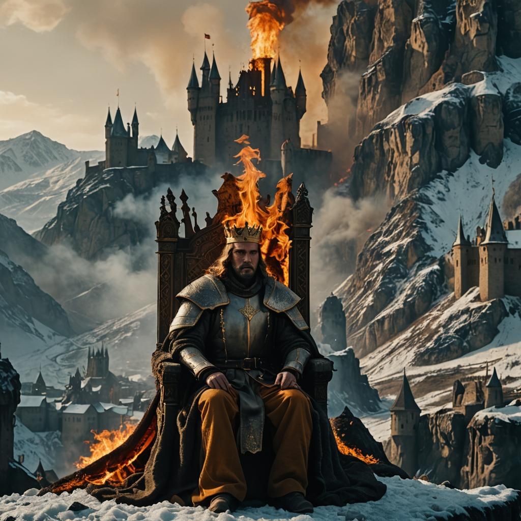 King on Icy Throne with Burning Castle