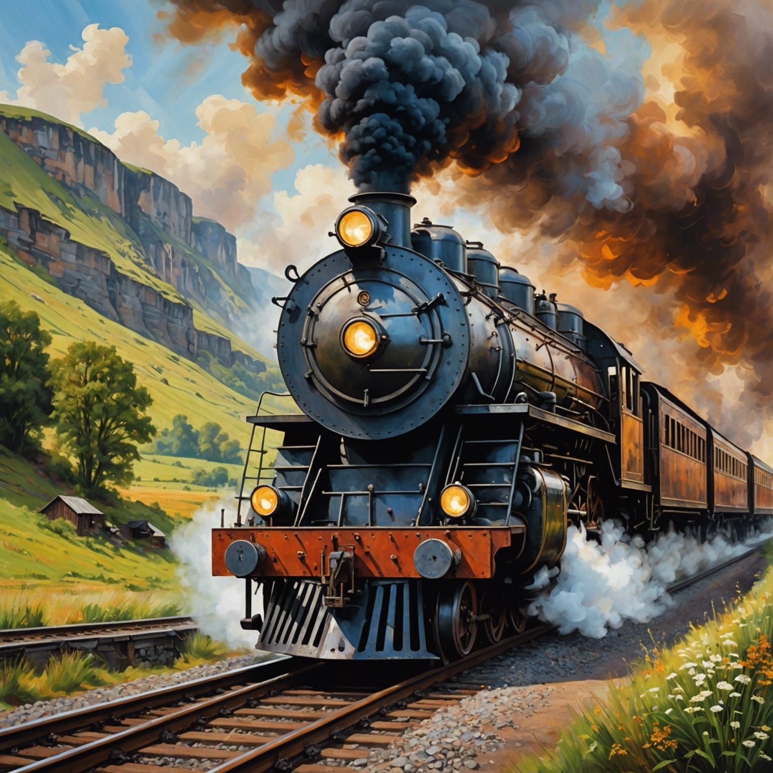 Steam Train Serenade: An Industrial Fantasy Painting