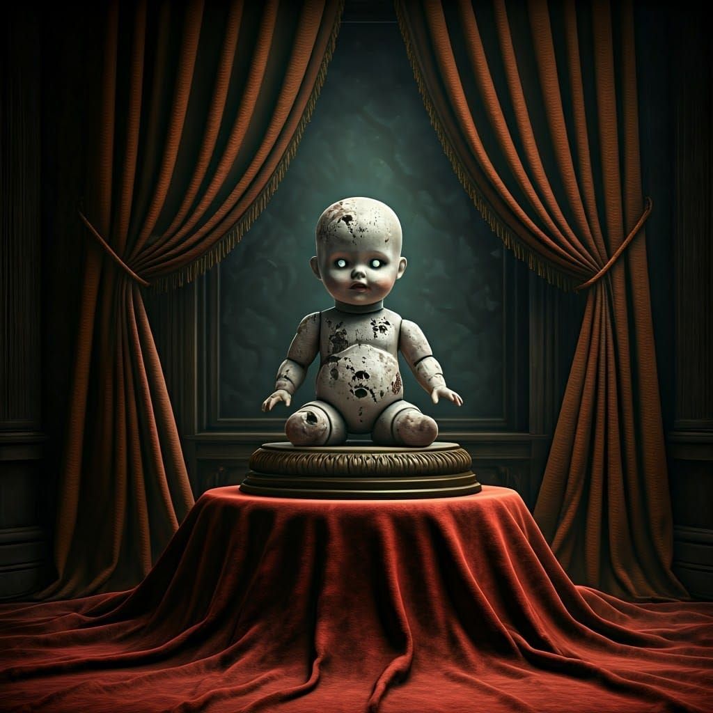 Ethereal Porcelain Doll in Abandoned Chamber