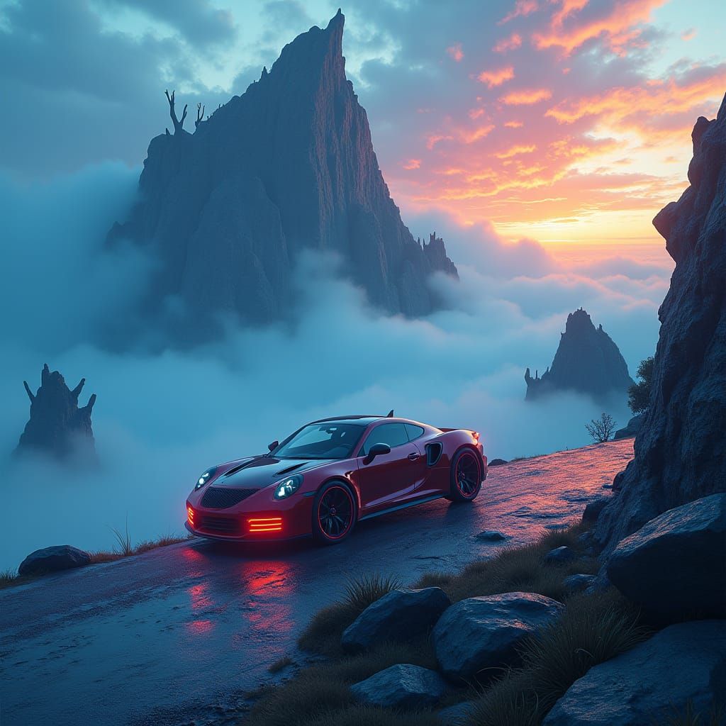 Futuristic Car Ascends Mystical Mountain in Matte Painting