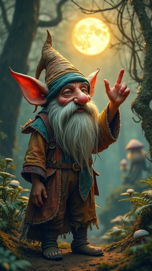 Mystical Gnome in Moonlit Forest, Whimsical Fantasy Creature