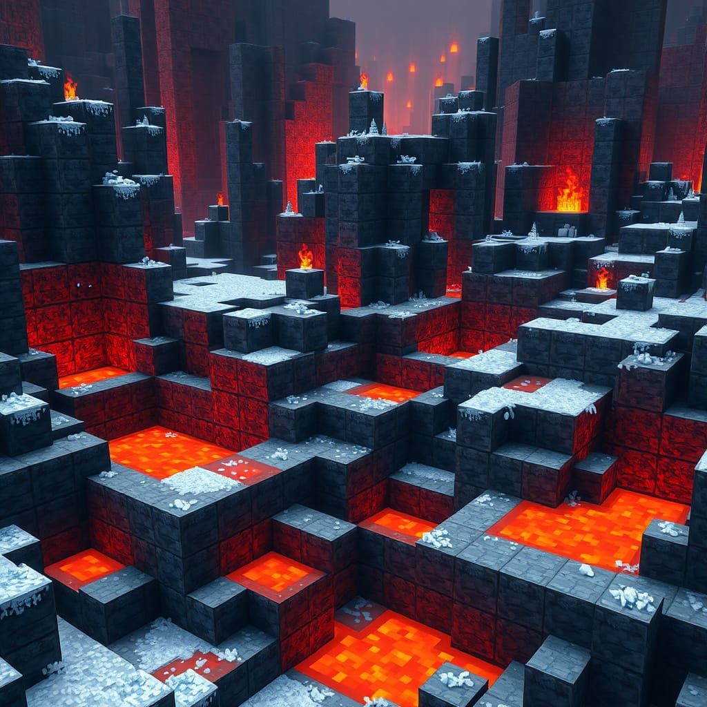 Minecraft Nether Landscape with Lava Pools and Icy Accents