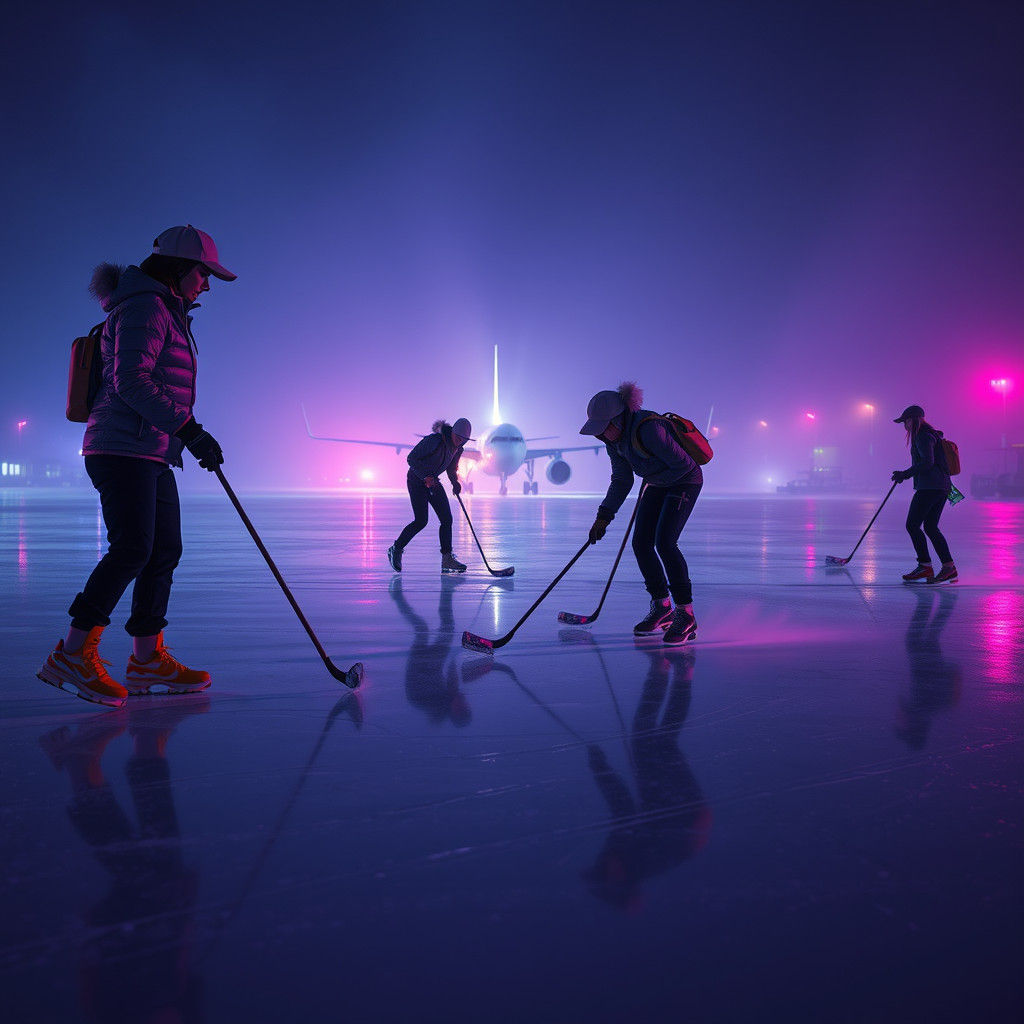 Athletes Maintain Airport Runway Ice Rink in Surreal Style