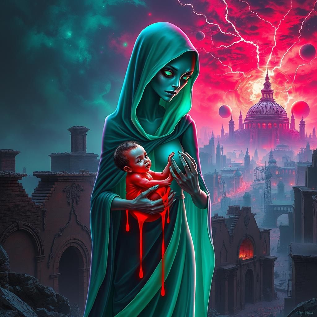 Alien Mother with Human Child, Biomechanical Art