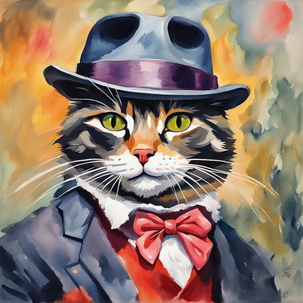 Gangster Cat in Gouache Watercolor Style