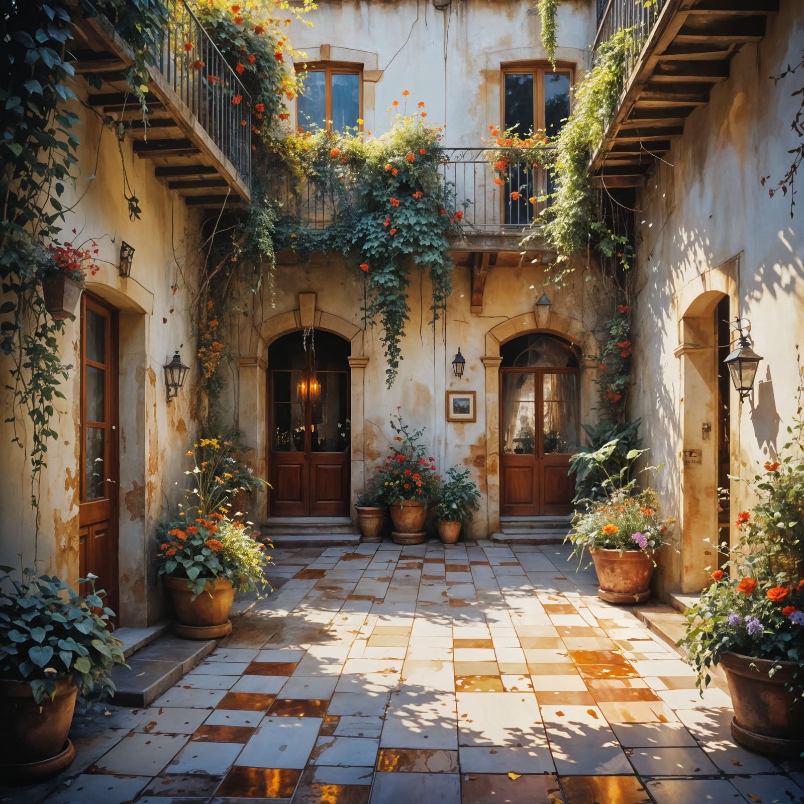 Spanish Courtyard Oil Painting with Balconies