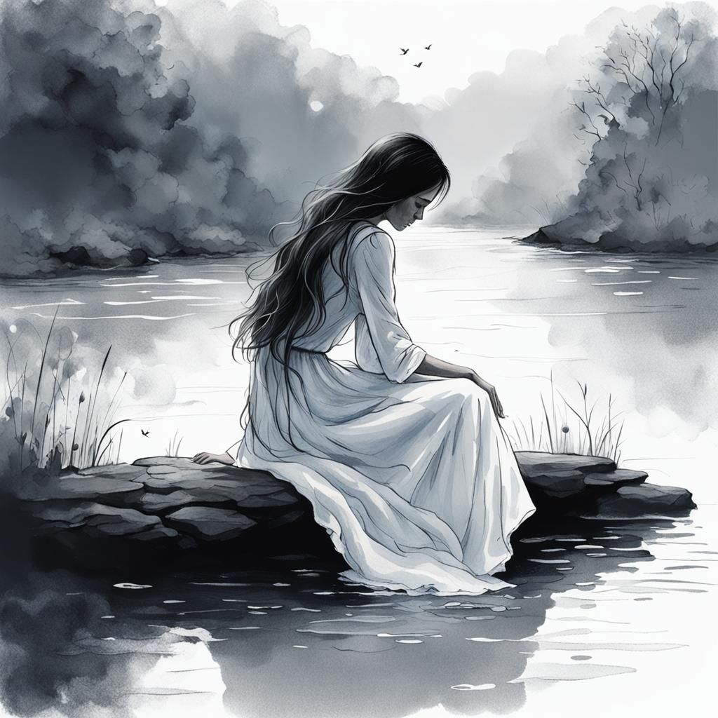 Sad Young Woman by River in Beautiful Sketch