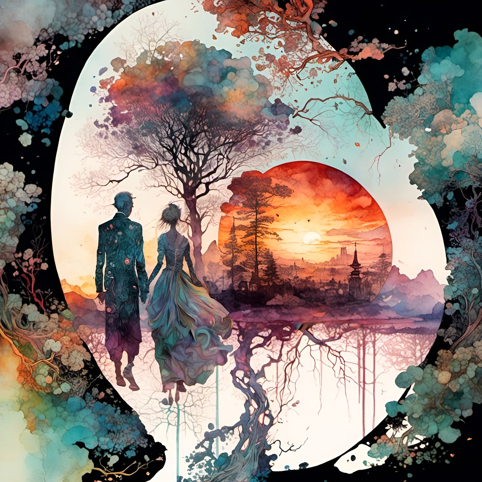 Watercolor Double Exposure of Couple at Sunset