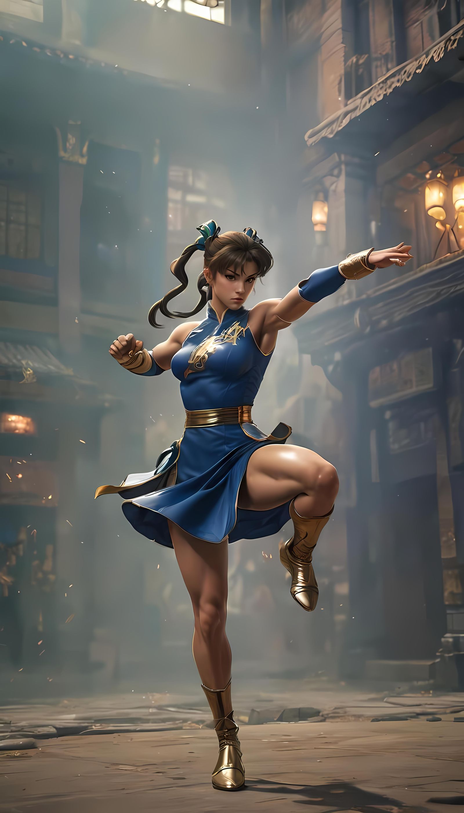 Chun Li's Dynamic Kick: Anime Cel-Shaded Style