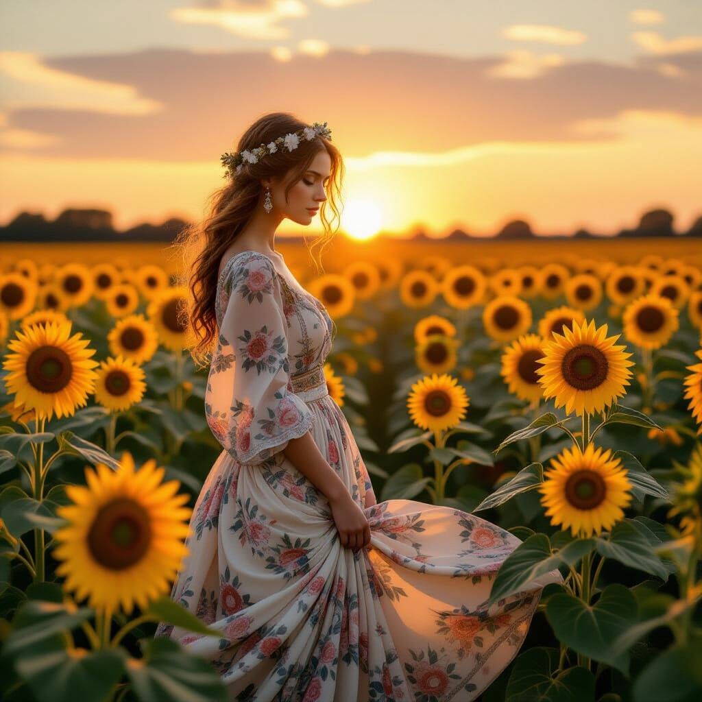 Melancholic Woman Among Sunflowers in Pre-Raphaelite Style