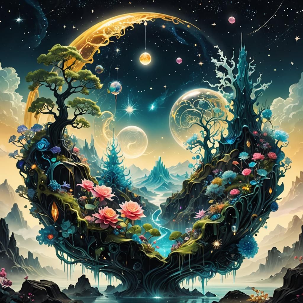 Luminescent Crystal Rose in Alien Fractal Landscape