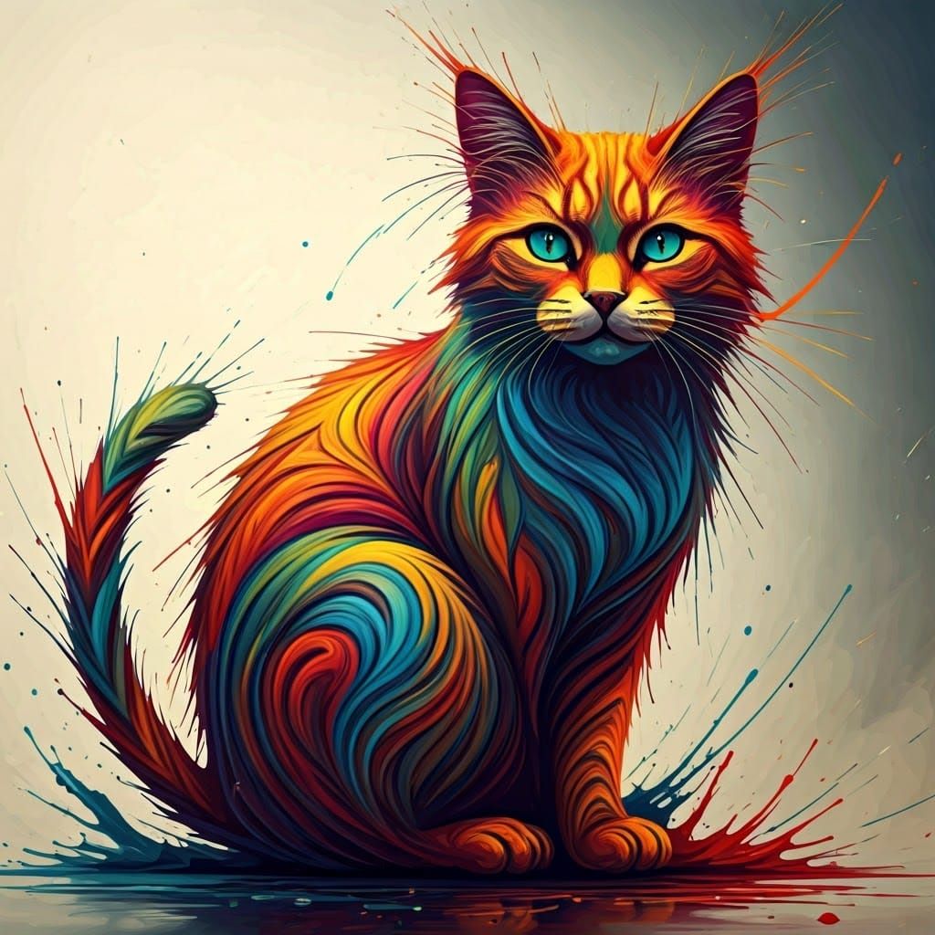 Abstract Cat: Multicolour Ink Splashes in Expressionist Styl...