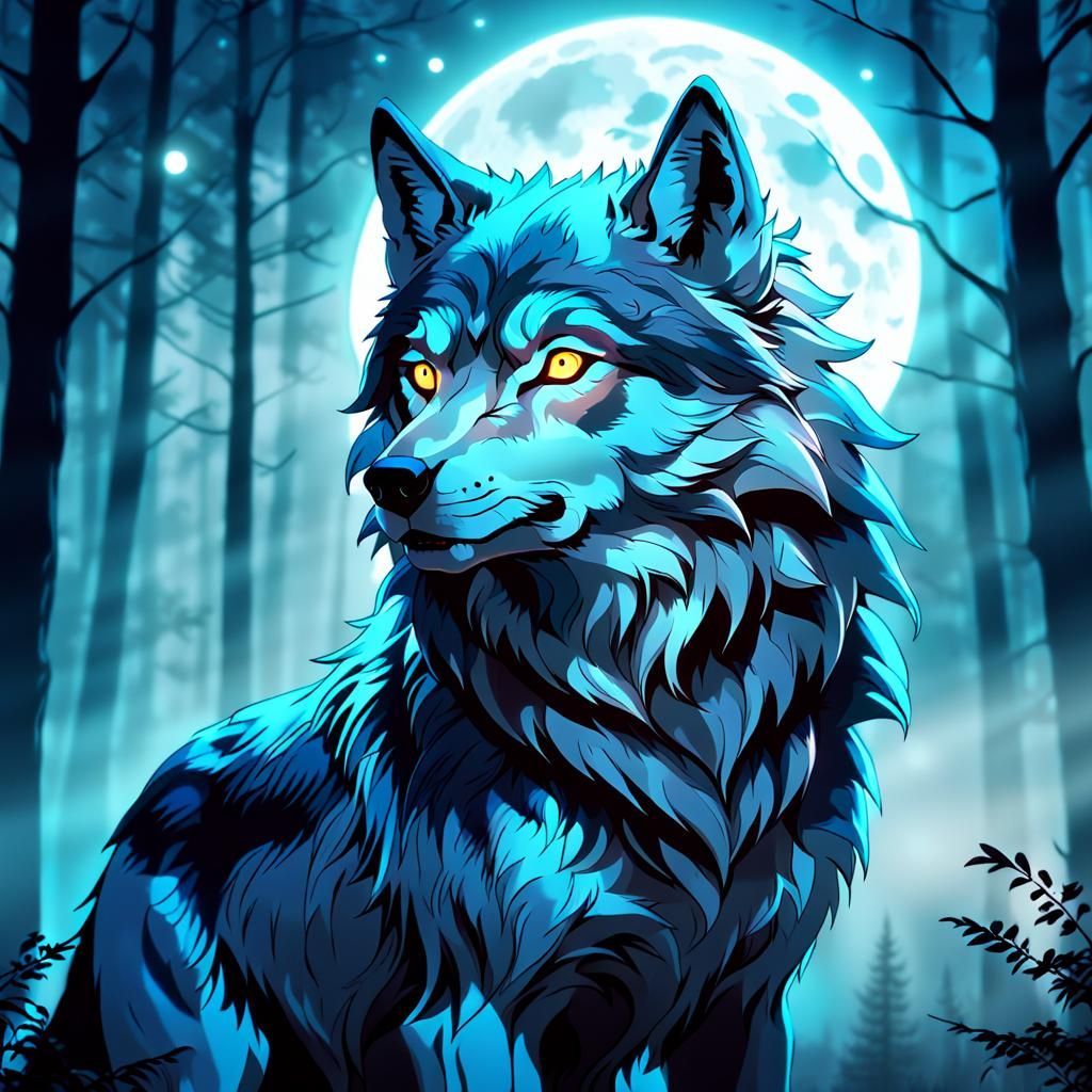 Mystical Wolf Portrait in Moonlit Forest