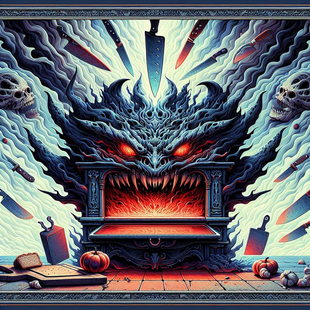 Eerie Kitchen with Evil Oven in Rococo Style