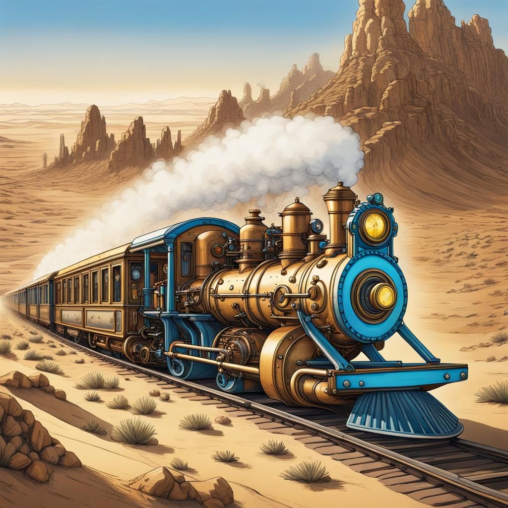Steampunk Train Rushes Through the Desert