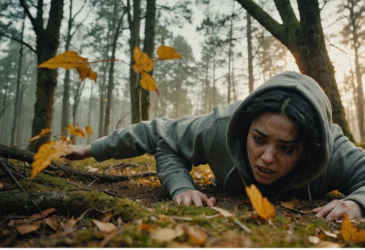 Girl Falling in Forest: Cinematic Film Still