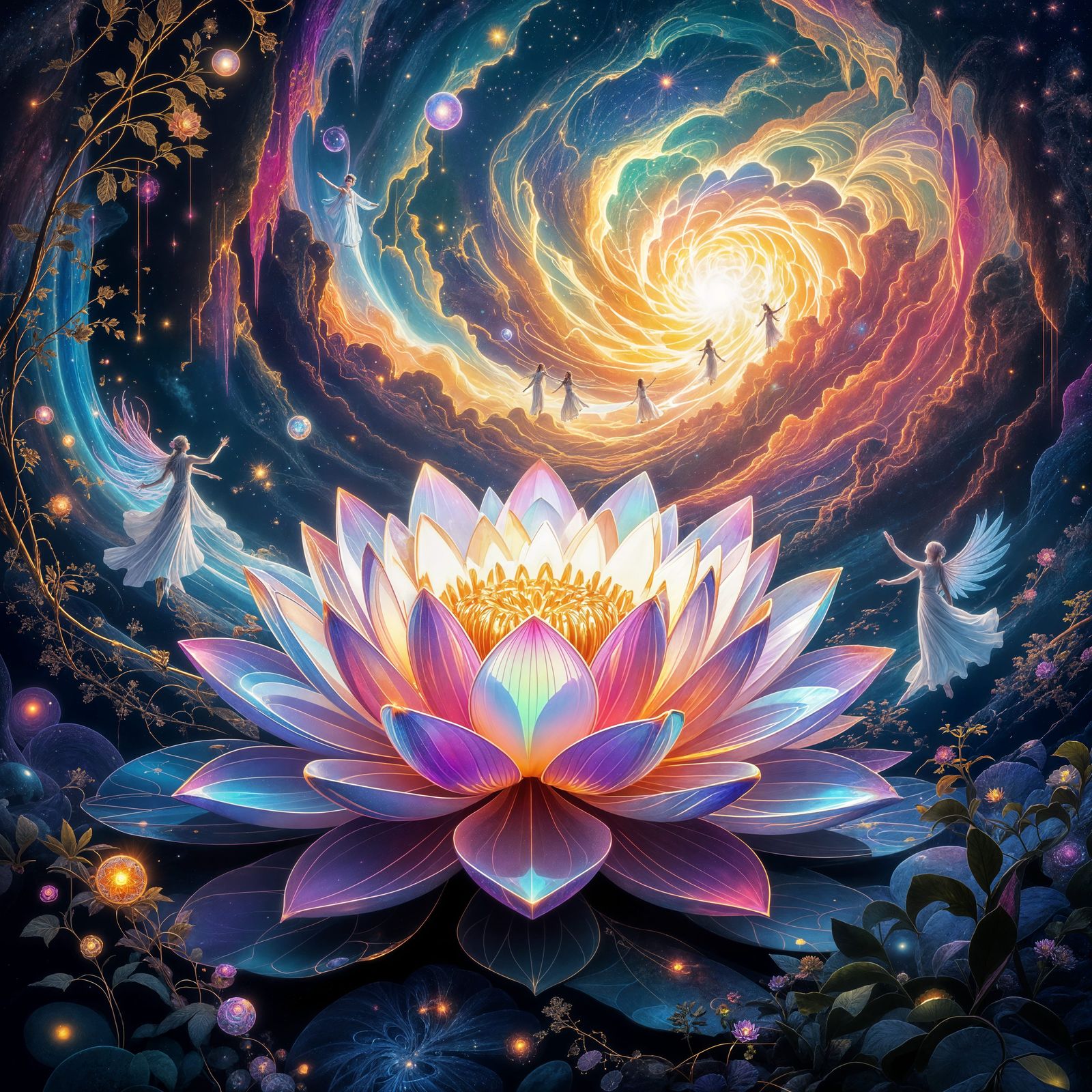 Radiant Cosmic Dreamscape with Lotus Flower
