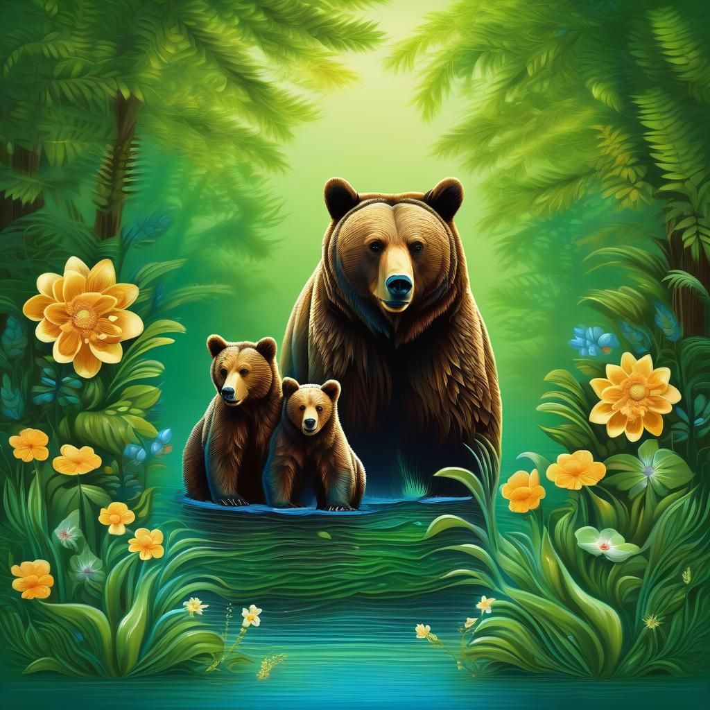 Mama Bear and Cubs: A Sweet Oil Painting
