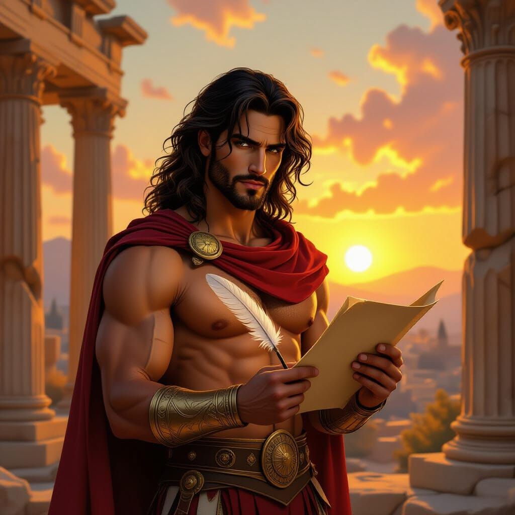 Poet Aries in Grecian Ruins at Sunset