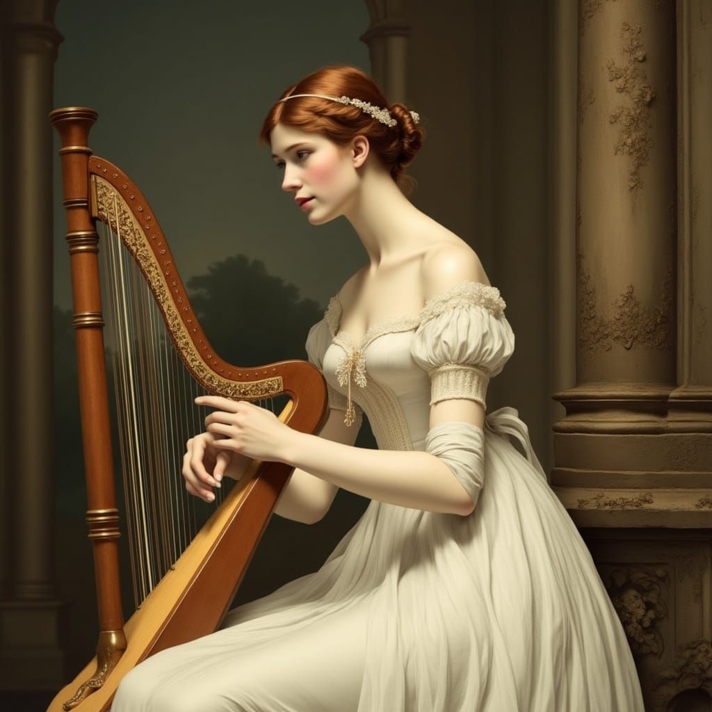Regency Harpist in Ivory Gown
