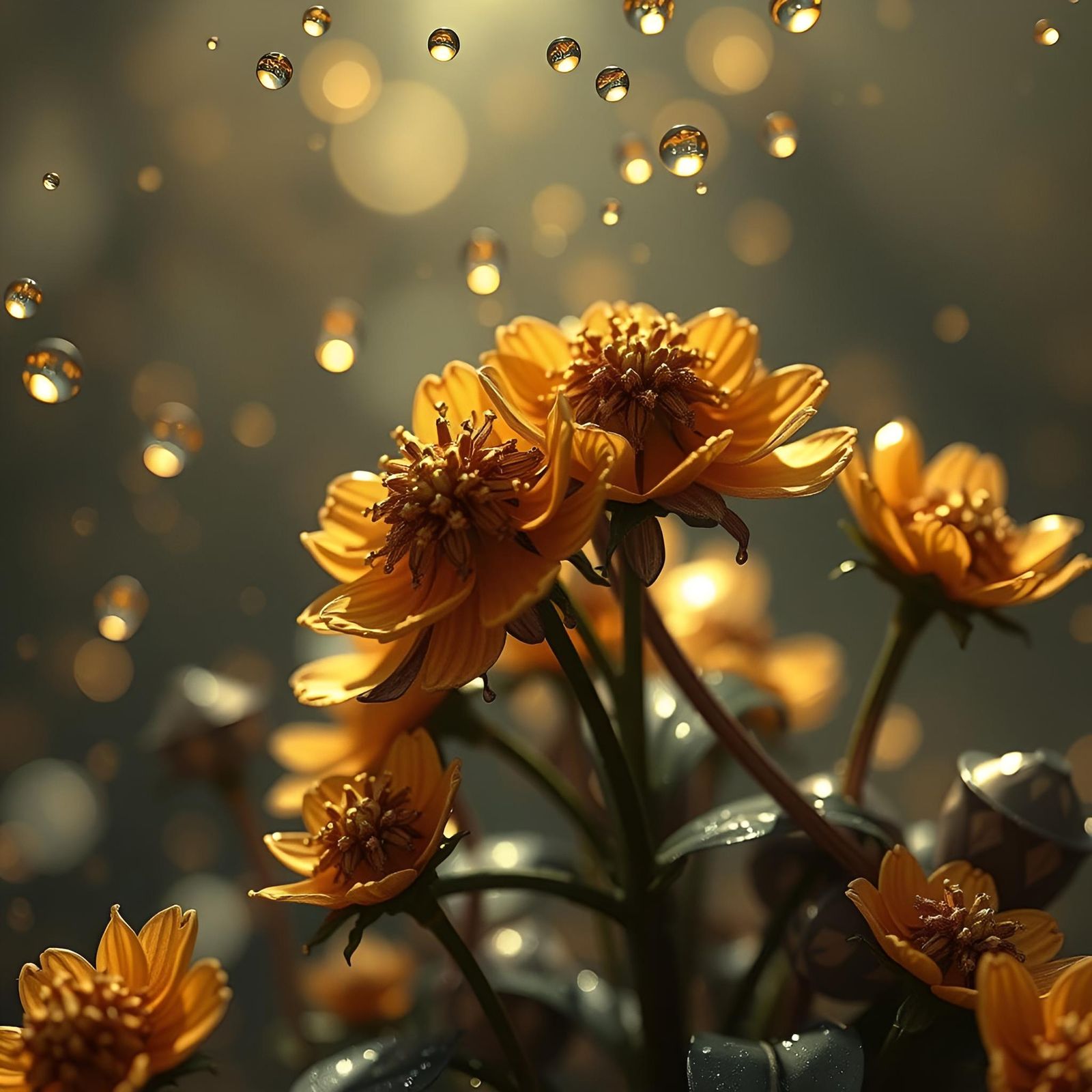Golden Rain on Bronze Flowers in Photorealistic Style