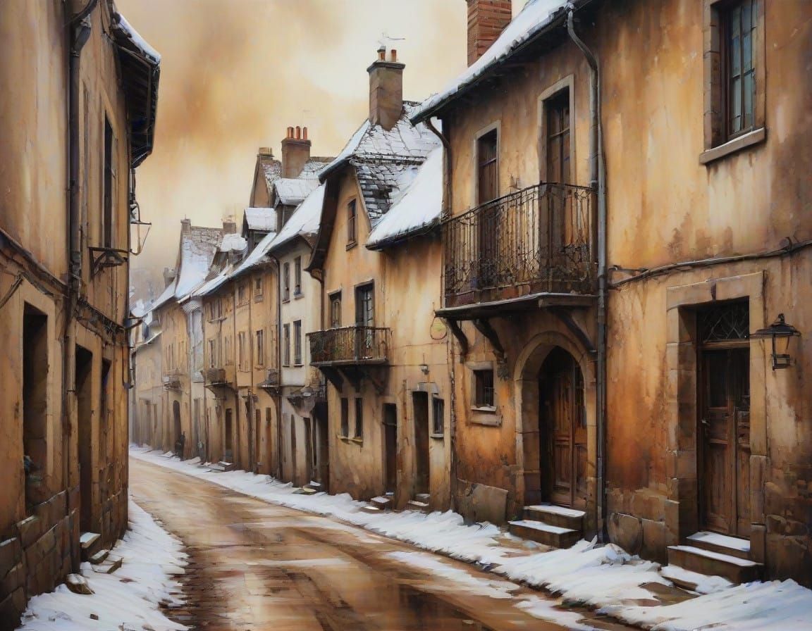 Gothic Winter Village Scene Painted in Vibrant Splashes