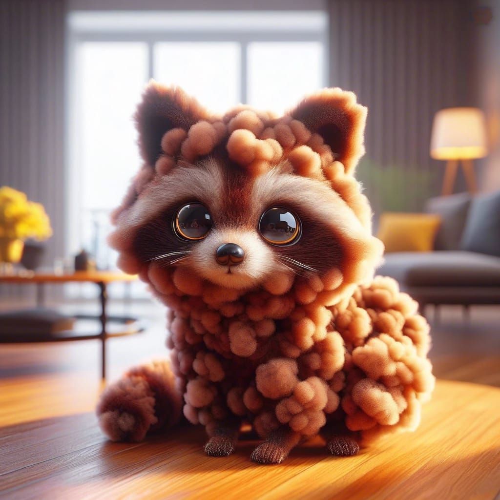 Chibi Cloud Raccoon in Living Room: CGI Render