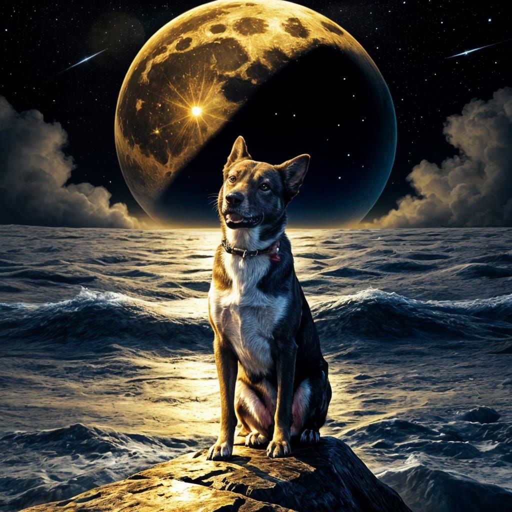 Dog Chasing Stars on the Moon