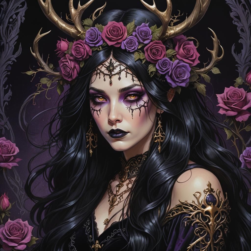 Gothic Princess with Roses and Snake, Dark Fantasy Art