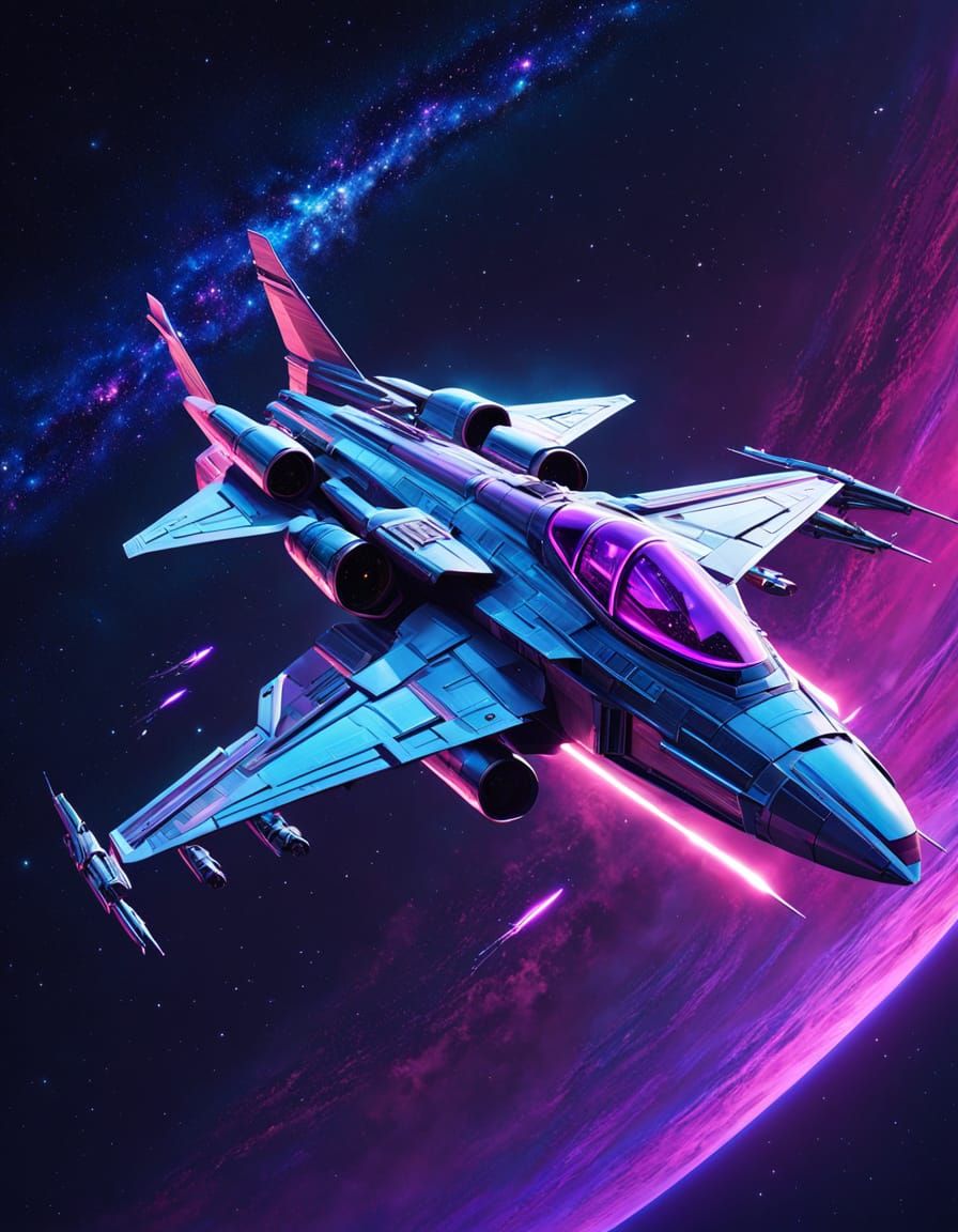 Bow-Tie Starfighter in Neon-Lit Starry Sky