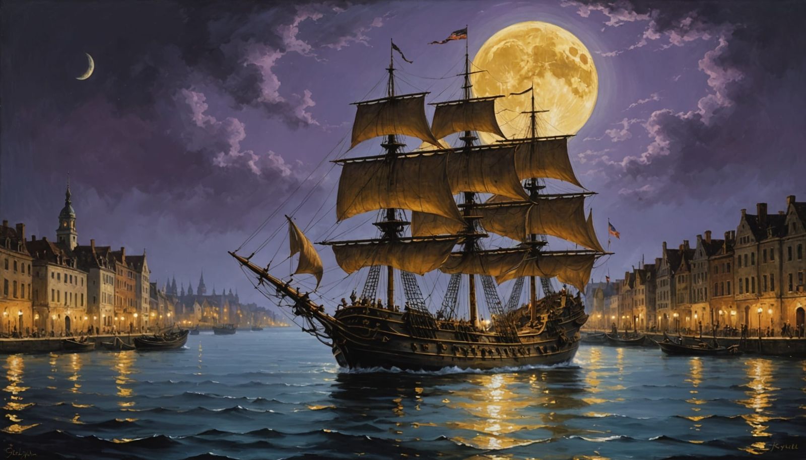 Galleon Ship Under Golden Moon in Renaissance Style