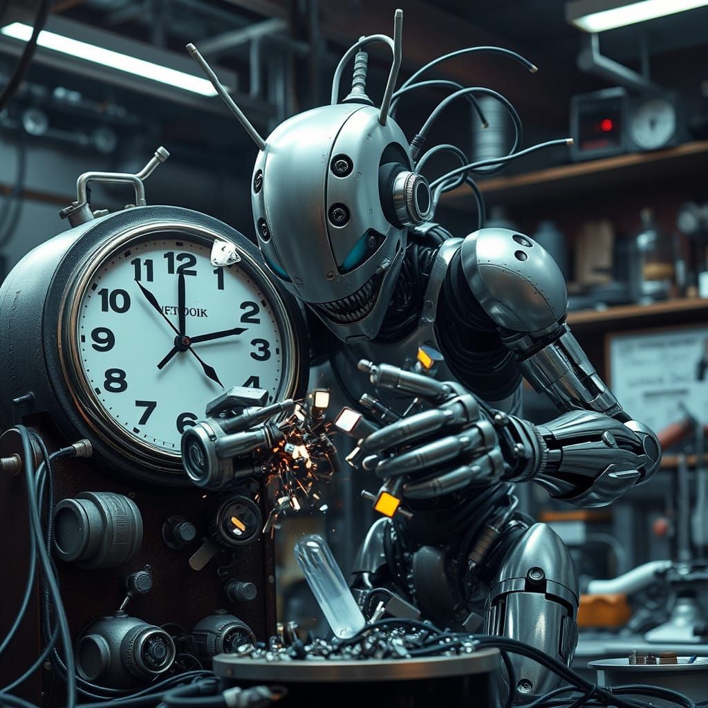 Android Smashes Hi-Tech Clockwork in Cyberpunk Workshop