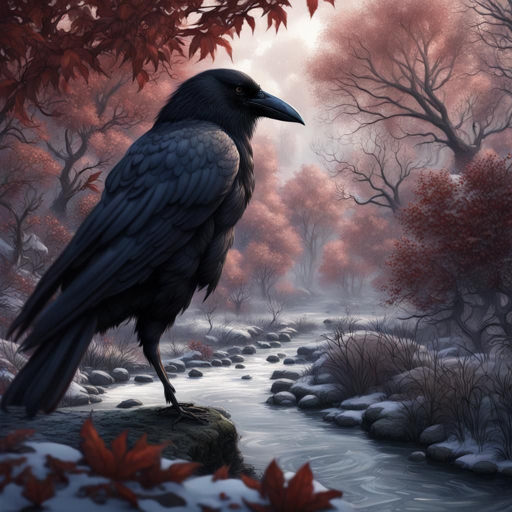 Crows in Winter Undergrowth with Goth Girl