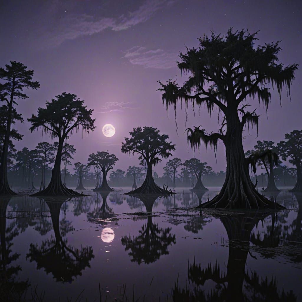 Mysterious Swamp Landscape Under Purple Moonlight