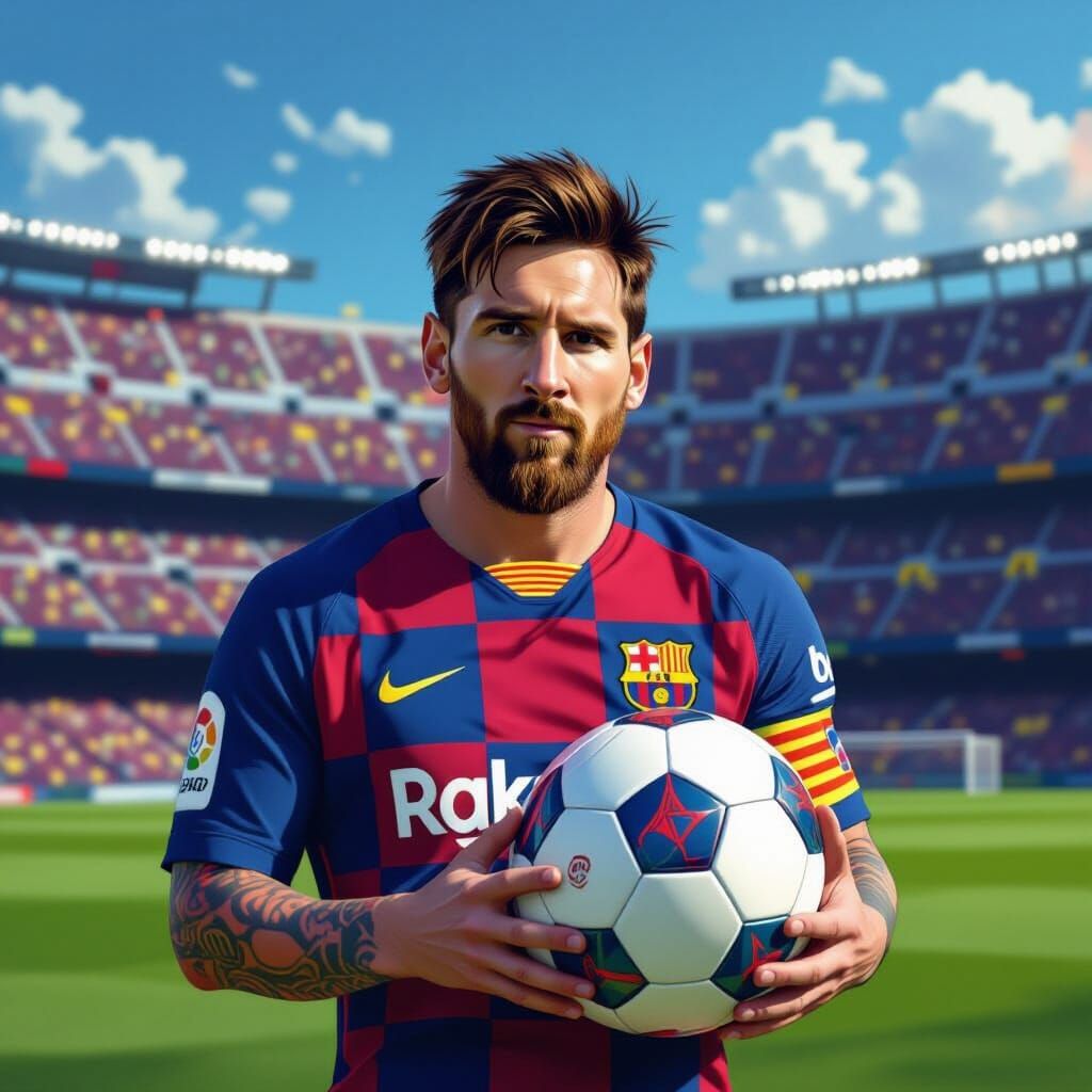 Lionel Messi in Barcelona Jersey, Hyper-Realistic Style