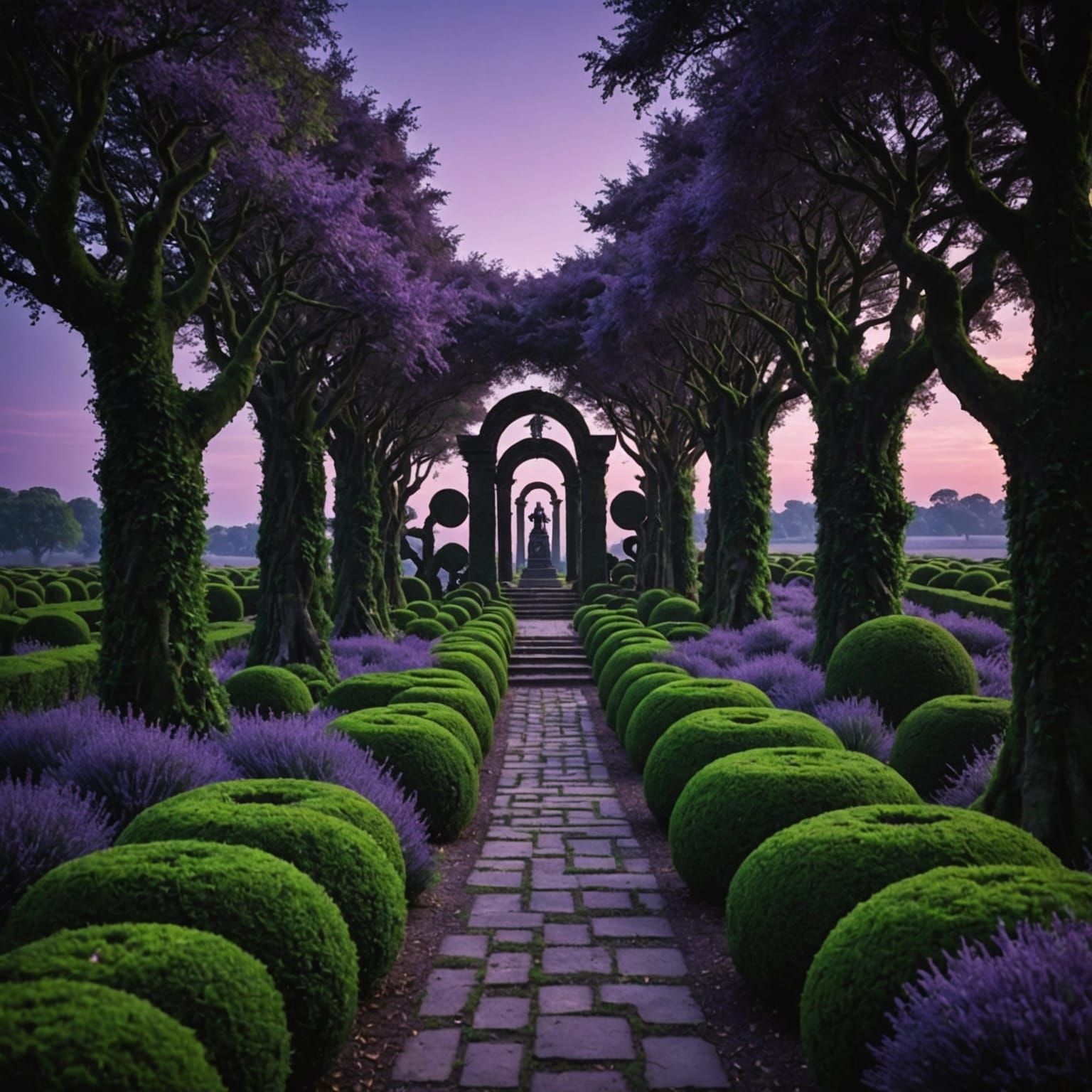 Overgrown Labyrinth with Statues Under Twilight Sky