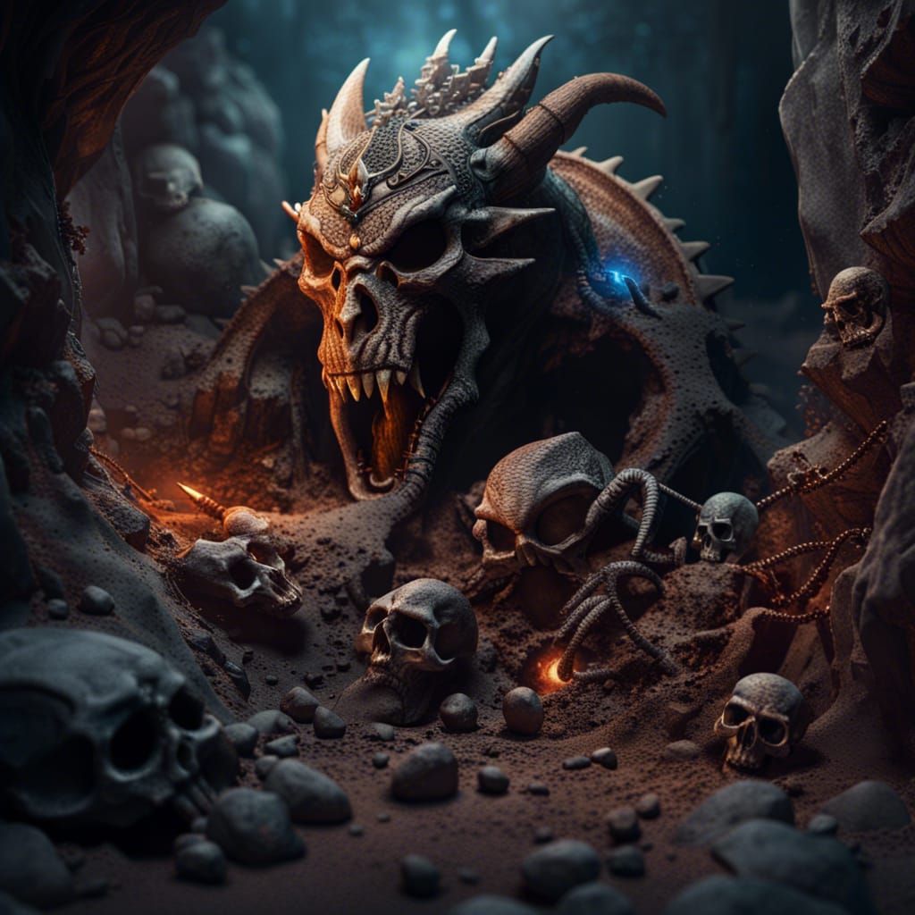 Dwarven Miners Excavate Dragon Skull: Fantasy Art