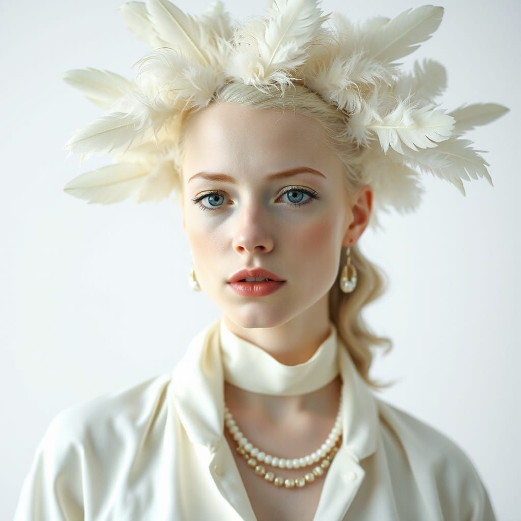 Elegant Albino Woman with Feathers in White
