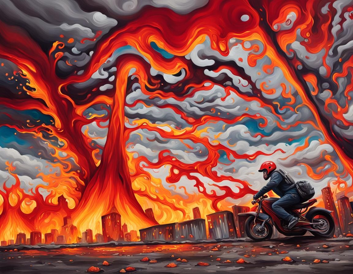 Fiery Volcano Wheelie: Graffiti Art Motorbike Stunt