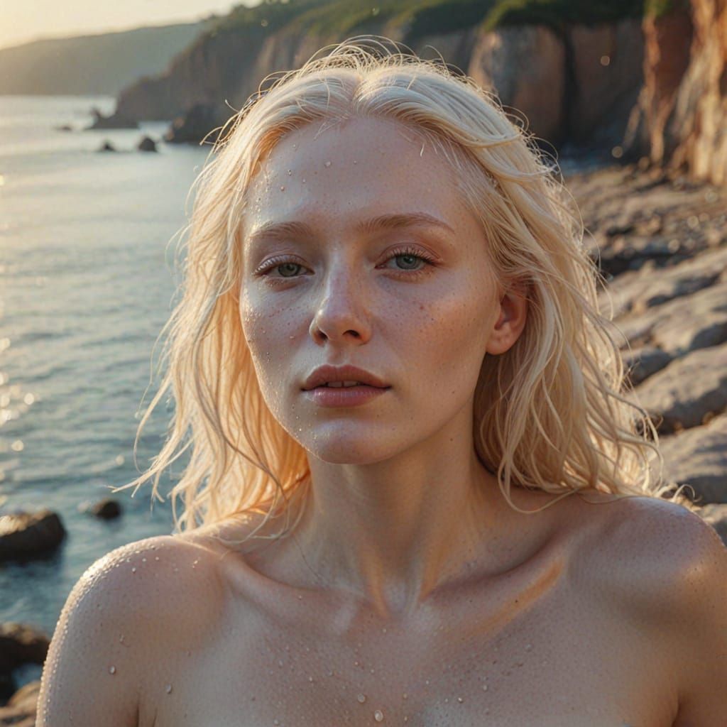 Albino Goddess Basks in Golden Light on Ocean Cliffs
