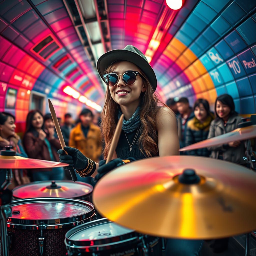 She is  beautiful and she is playing the drums in the subway for tips  she has drumming gloves  and her  mom is with her...