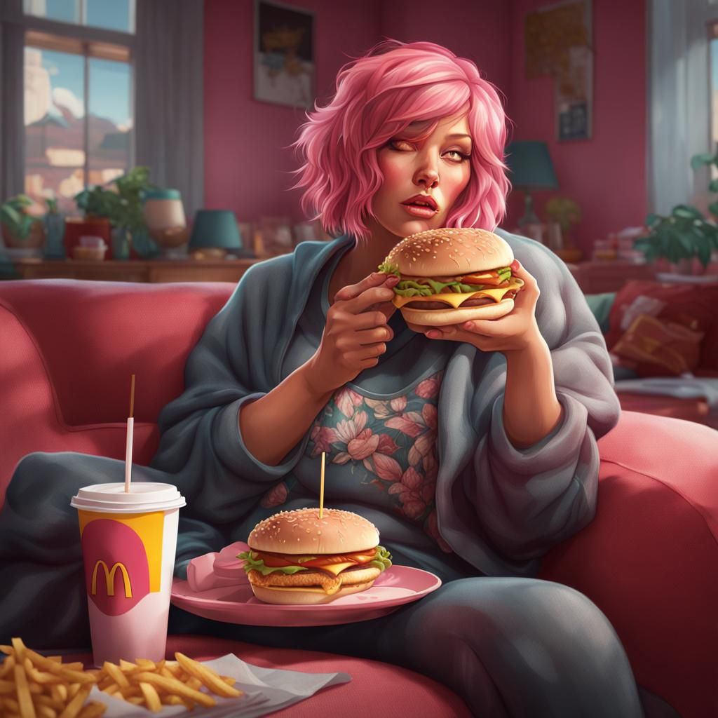 Pink-Haired Woman with McDonald's: Hyperdetailed Portrait