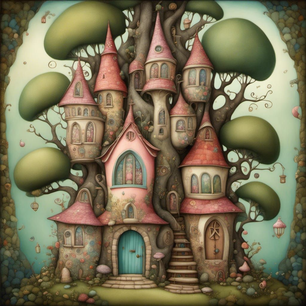 Whimsical Treehouse in Surreal Doodle Style