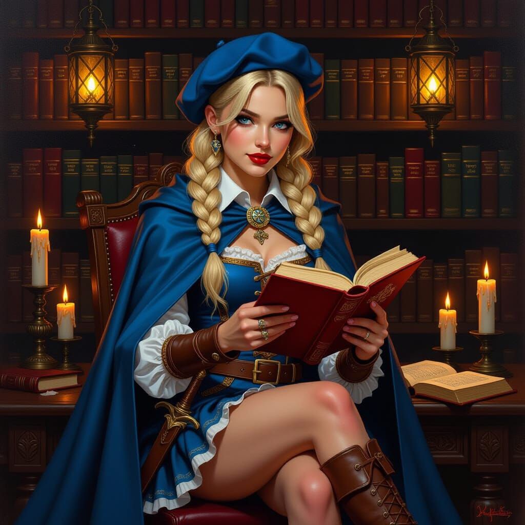Fantasy Librarian Girl Reading with Dagger in Candlelit Libr...