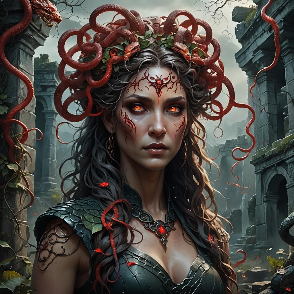 Medusa Portrait with Viper Hairstyle in Dark Fantasy Art