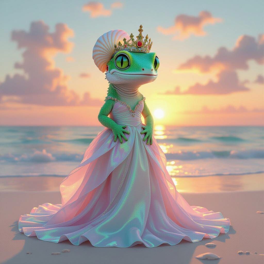Pink Gecko Queen on Sunset Beach, Surreal Art
