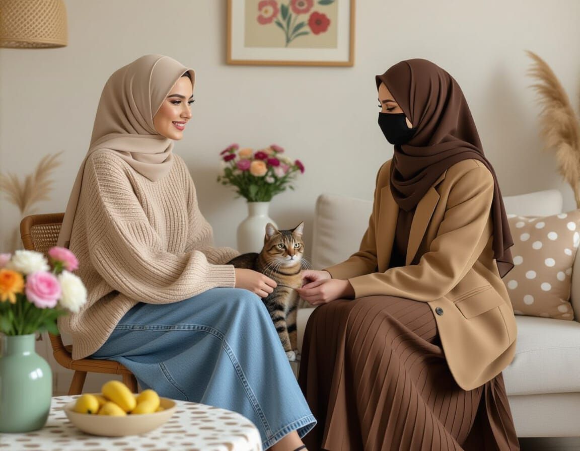 Woman in Beige Pullover with Cat and Flowers