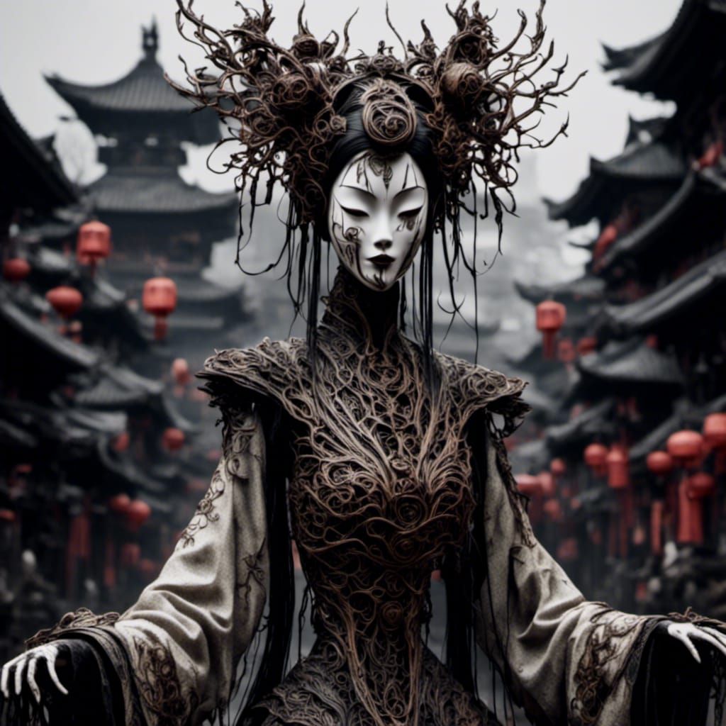 Dancing Geisha with Wooden Mask in Dark Fantasy Style