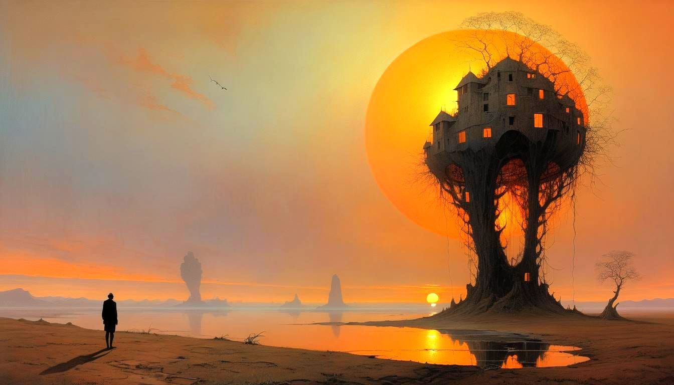 Exotic Fractal Sunset Inspired by Beksiński and Steadman