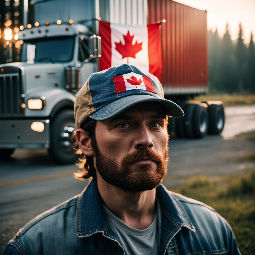 Canadian Pride: Man with Flag Beside Big Rig Truck